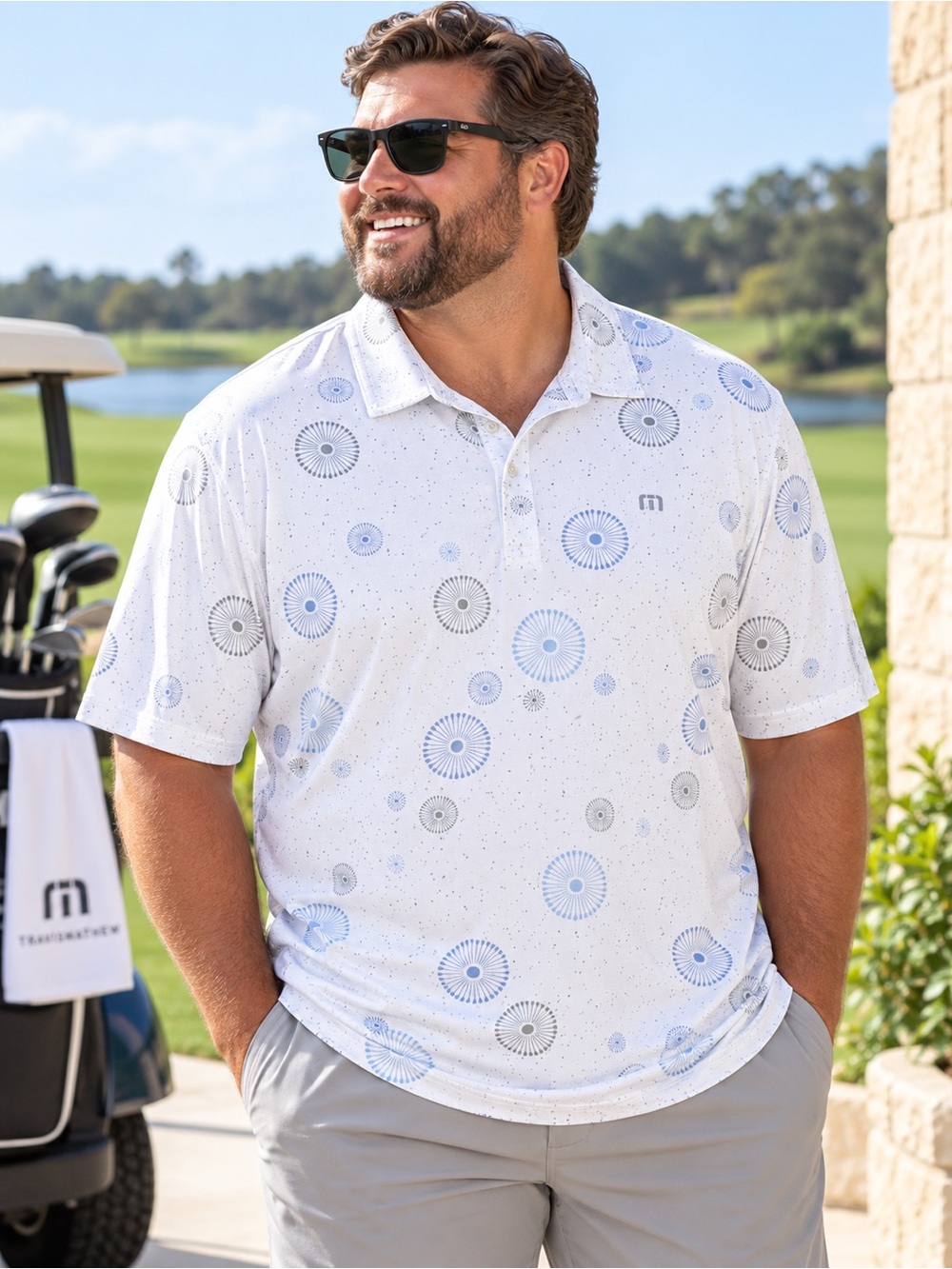 TravisMathew Caught Inside Polo White Blue Geometric Golf Shirt XXL #222